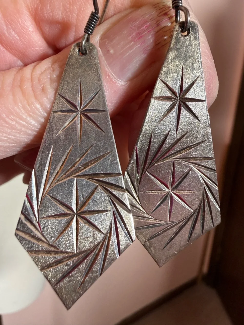 Vintage Taxco Sterling Silver modernist Star burst Long Oversized Earrings